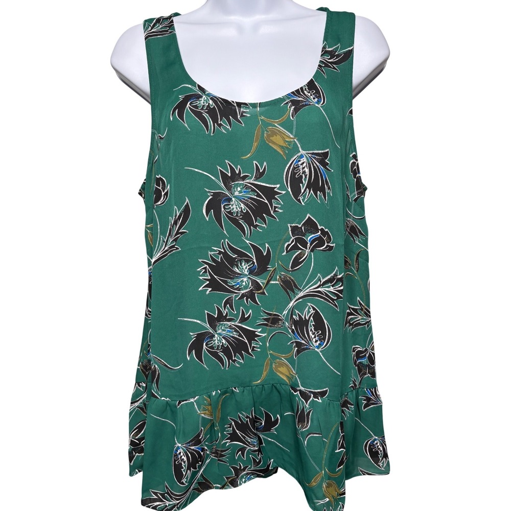 CAbi Womens Green Floral Peplum Tank Top Sz M Racerback Ruffle Hem Tropical Boho